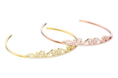 iki gül ve sarı altın basit elmas tiaras diademas beyaz bir arka plan üzerinde 3D illüstrasyon izole