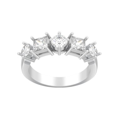 3D illüstrasyon izole gümüş dekoratif beyaz bir arka plan üzerinde farklı yuvarlak ve kare elmas yüzükler