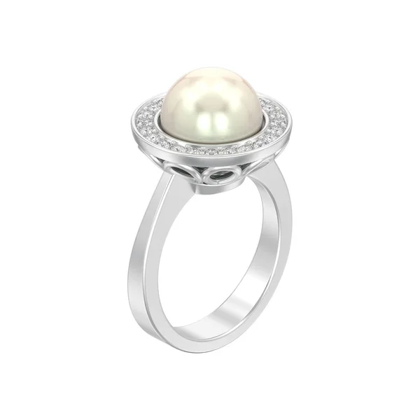 Illustrazione Isolato Argento Anello Fidanzamento Diamante Con Perla Sfondo Bianco — Foto Stock
