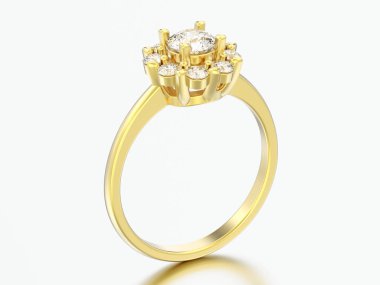 3D çizim altın halo düğün elmas yüzük ile kalp dişleri gri bir arka plan üzerinde