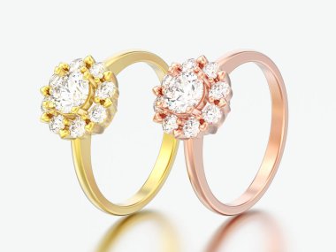 3D resimde iki gül ve kalp dişleri gri bir arka plan ile sarı altın halo düğün pırlanta yüzük