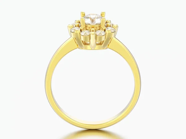 3D illustration gold halo wedding diamond ring with heart prongs on a grey background