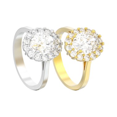 3D illüstrasyon izole iki gümüş ve altın oval halo elmas nişan Alyans beyaz bir arka plan üzerinde