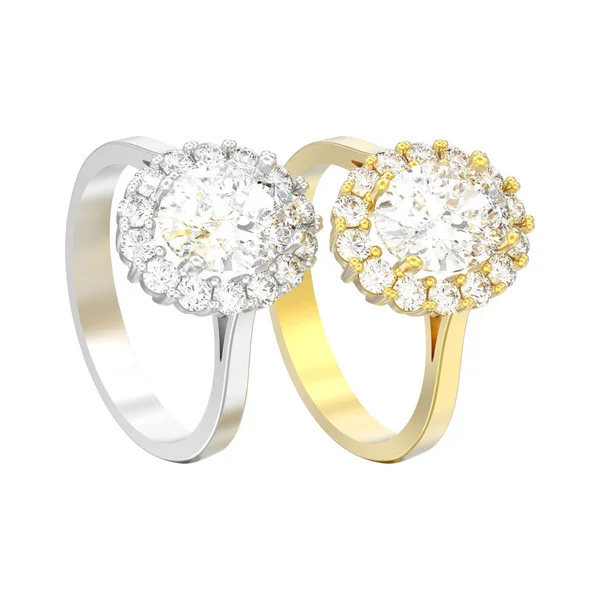 イラストレーション分離 つのシルバーとゴールド ホワイト バック グラウンドで楕円形のハロー ダイヤモンド婚約指輪 — ストック写真