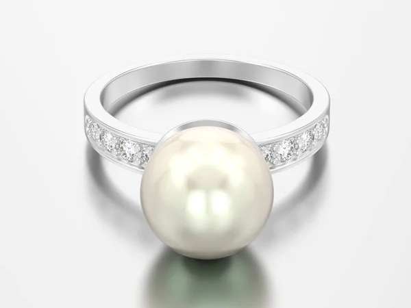 Illustrazione Anello Fidanzamento Diamante Argento Con Perla Sfondo Grigio — Foto Stock