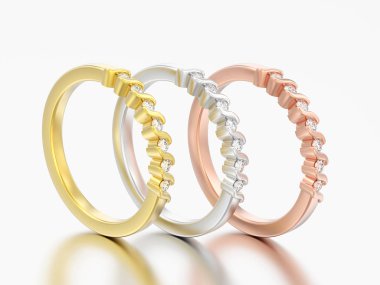 3D resimde üç altın ve Gümüş evlilik yıldönümü bant elmas yüzükler gri bir arka plan üzerinde