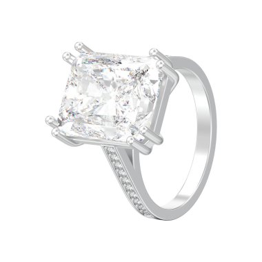 3D illüstrasyon izole gümüş geleneksel tek taş nişan elmas yüzük beyaz bir arka plan üzerinde parlak elmas