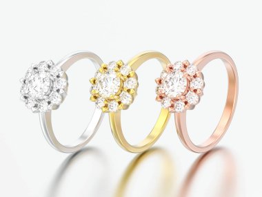 3D şekil üç gül ve sarı altın ve gümüş halo elmas yüzük ile kalp dişleri gri bir arka plan üzerinde düğün