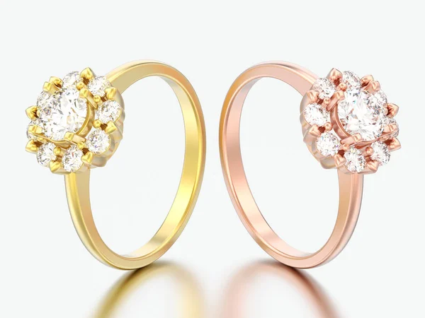 3D illustration two rose and yellow gold halo wedding diamond rings with heart prongs on a grey background