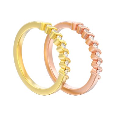 iki altın nişan yıldönümü bant elmas yüzük beyaz bir arka plan üzerinde 3D illüstrasyon izole