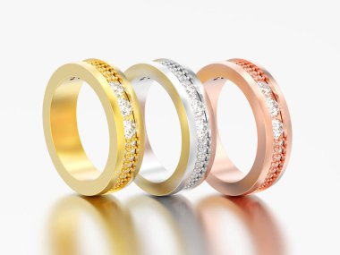 3D resimde üç farklı altın nişan düğün yıldönümü elmas yüzük gri bir arka plan üzerinde grubu