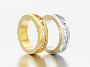 3D resimde iki altın ve gümüş nişan düğün yıldönümü bant elmas yüzük gri bir arka plan üzerinde