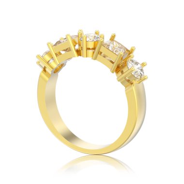 beyaz bir arka plan yansıması ile farklı yuvarlak ve kare elmas Altın dekoratif yüzük 3D illüstrasyon izole