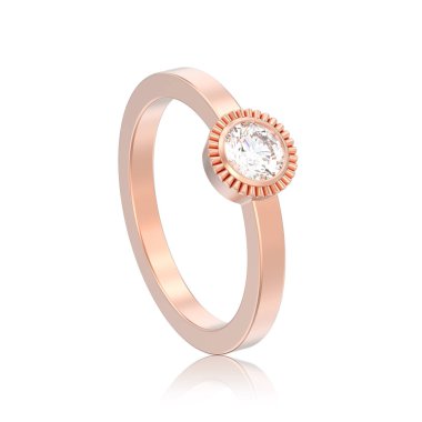 3D illüstrasyon izole gül altın düğün solitaire yuvarlak elmas kaplama yüzük beyaz bir arka plan yansıması ile