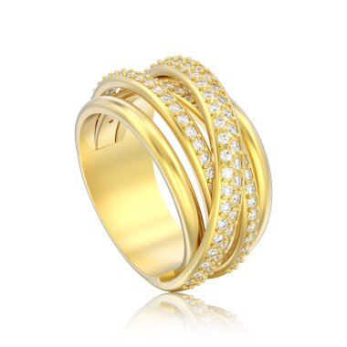 3D illüstrasyon izole Altın dekoratif elmas criss halka yansıması ile beyaz bir arka plan üzerinde çapraz.