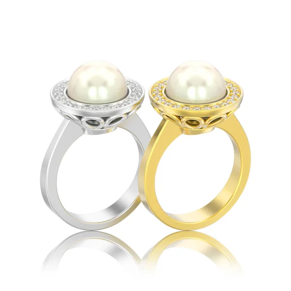 Illustrazione Due Isolato Argento Oro Anello Fidanzamento Diamante Con Perla — Foto Stock