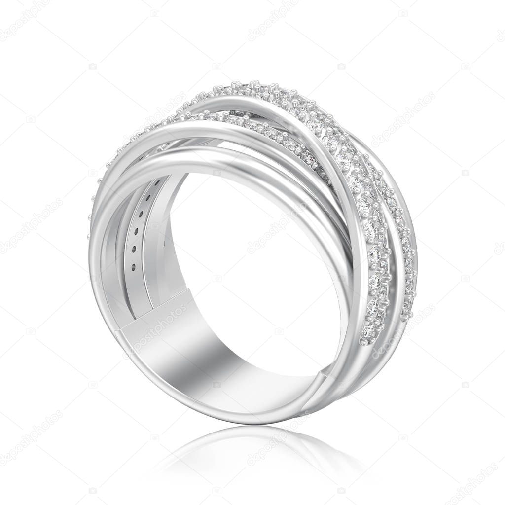 3D illustration isolated silver decorative diamond criss cross ring with reflection on a white background