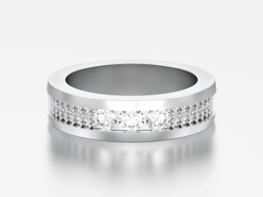 3D çizim gümüş nişan düğün yıldönümü bant elmas yüzüğü gri bir arka plan üzerinde