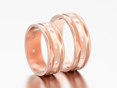 3D resimde iki gül altın modern nişan düğün elmas yüzük gri bir arka plan üzerinde