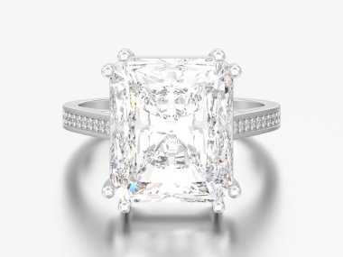 3D resimde gümüş geleneksel solitaire nişan elmas yüzüğü gri bir arka plan üzerinde parlak elmas