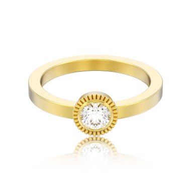 yuvarlak elmas kaplama yüzük beyaz bir arka plan yansıması ile altın düğün solitaire 3d illüstrasyon izole