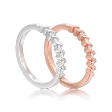 iki gümüş ve gül altın nişan yıldönümü band elmas yüzük beyaz bir arka plan yansıması ile 3D illüstrasyon izole