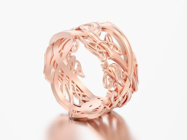 3D çizim gül altın nişan alyansı benzersiz yüzüğü gri bir arka plan üzerinde