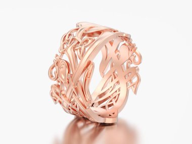 3D çizim gül altın nişan alyansı benzersiz yüzüğü gri bir arka plan üzerinde