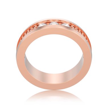 3D illüstrasyon izole gül altın nişan düğün yıldönümü band elmas yüzük beyaz bir arka plan yansıması ile