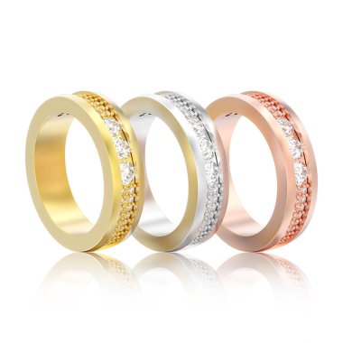 üç farklı altın nişan düğün yıldönümü bant elmas yüzük beyaz bir arka plan yansıması ile 3D illüstrasyon izole