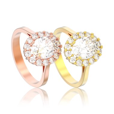 iki gül ve sarı altın oval halo elmas nişan Alyans beyaz bir arka plan yansıması ile 3D illüstrasyon izole