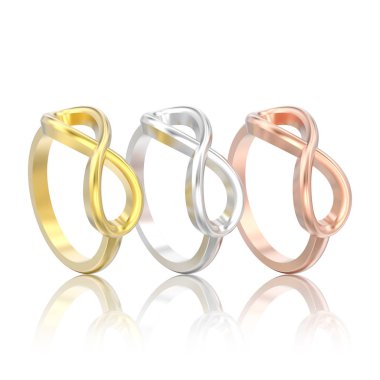 üç farklı gül altın basit sonsuzluk yüzük beyaz bir arka plan yansıması ile 3D illüstrasyon izole