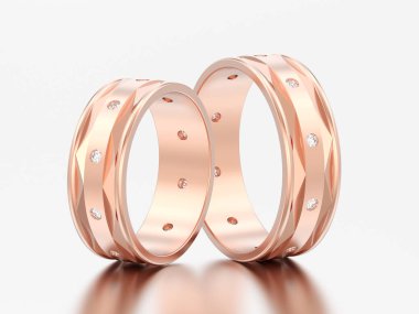 3D resimde iki gül altın modern nişan düğün elmas yüzük gri bir arka plan üzerinde