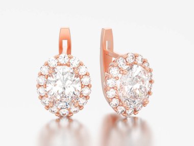 gri bir arka plan üzerinde menteşeli kilit ile oval değerli taş ile 3D illüstrasyon rosegold elmas küpe