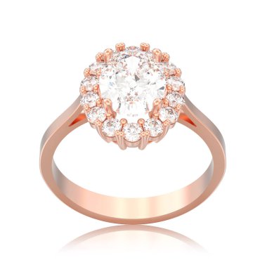 3D illüstrasyon izole gül altın oval halo elmas nişan Alyans beyaz bir arka plan yansıması ile