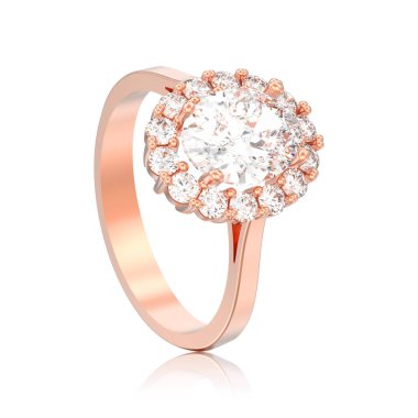 3D illüstrasyon izole gül altın oval halo elmas nişan Alyans beyaz bir arka plan yansıması ile