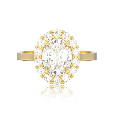 Altın oval halo elmas nişan Alyans beyaz bir arka plan yansıması ile 3D illüstrasyon izole