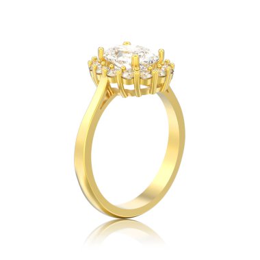 Altın oval halo elmas nişan Alyans beyaz bir arka plan yansıması ile 3D illüstrasyon izole