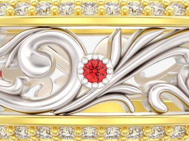 3D çizim yakın çekim eğrisi gri bir arka plan üzerinde süsleme ve kırmızı yakut dışarı ile altın ve gümüş yüzük