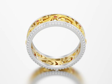 3D çizim altın ve Gümüş Nişan Alyans Yüzük eğrisi gri bir arka plan üzerinde süsleme ve kırmızı yakut dışarı ile