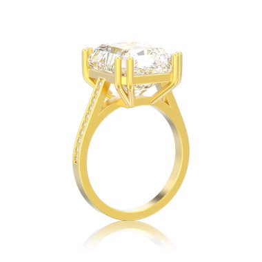 3D illüstrasyon izole sarı altın geleneksel solitaire nişan elmas yüzük beyaz bir arka plan üzerinde parlak elmas