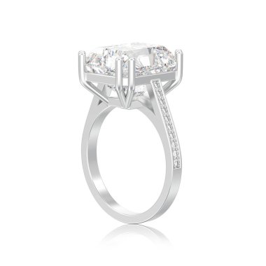 3D illüstrasyon izole gümüş geleneksel tek taş nişan elmas yüzük beyaz bir arka plan üzerinde parlak elmas