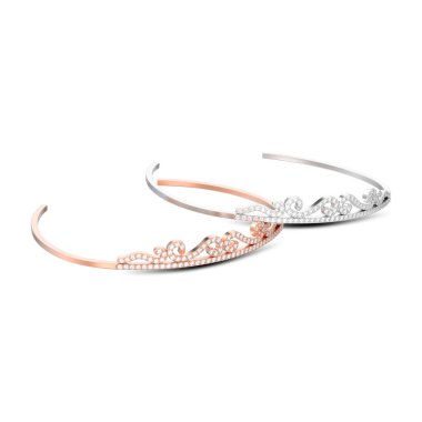 iki gül altın ve gümüş ile basit elmas tiaras diademas beyaz bir arka plan üzerinde gölge 3D illüstrasyon izole