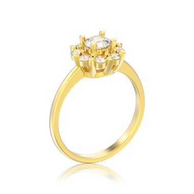 Altın halo düğün elmas yüzük beyaz bir arka plan yansıması ile kalp dişleri ile 3D illüstrasyon izole