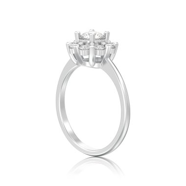 3D illüstrasyon izole gümüş halo elmas alyans beyaz bir arka plan yansıması ile kalp dişleri ile