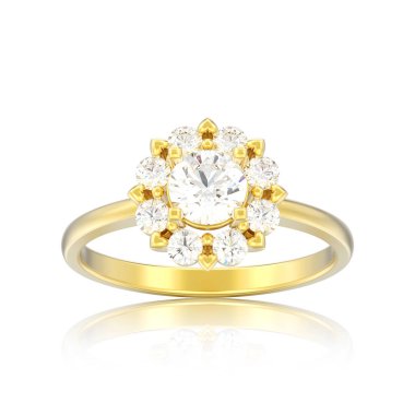 Altın halo düğün elmas yüzük beyaz bir arka plan yansıması ile kalp dişleri ile 3D illüstrasyon izole