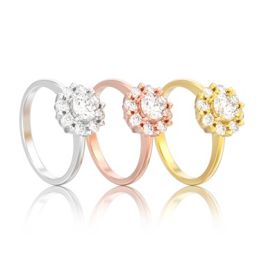 üç farklı altın halo düğün elmas yüzük beyaz bir arka plan yansıması ile kalp dişleri ile 3D illüstrasyon izole