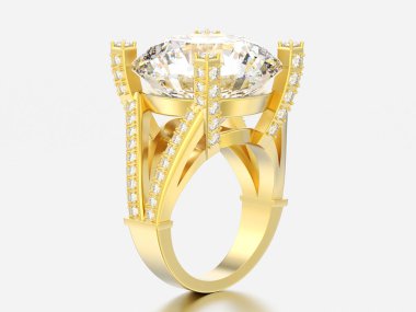 3D çizim altın solitaire nişan dekoratif elmas yüzük gri bir arka plan üzerinde