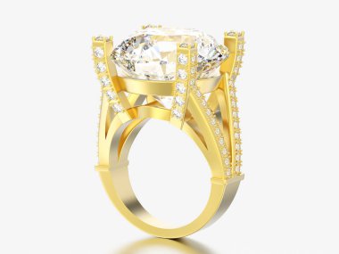 3D çizim altın solitaire nişan dekoratif elmas yüzük gri bir arka plan üzerinde