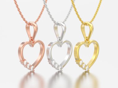 3D resimde üç sarı ve rosr altın ve gümüş kalp Kolye zincir gri bir arka plan üzerinde elmas